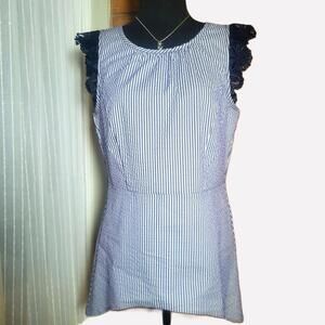 CAbi Lace Sleeve Flutter "Olivia" Seersucker Top Blue White Stripe - Size S